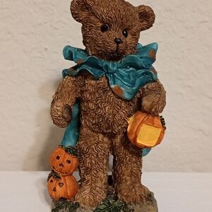 Vintage Brown Teddy Bear Figurine with Teal Cape and Pumpkin Accents